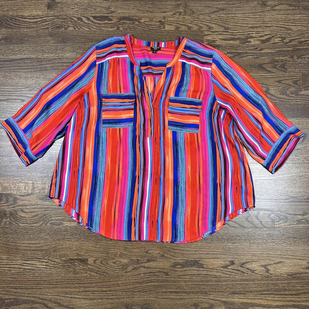torrid Multicolor Striped V-Neck Blouse (Red, Blue, Pink, Orange)